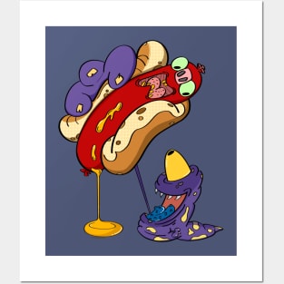 Hungry Monster and Scared Hotdog Cartoon Posters and Art